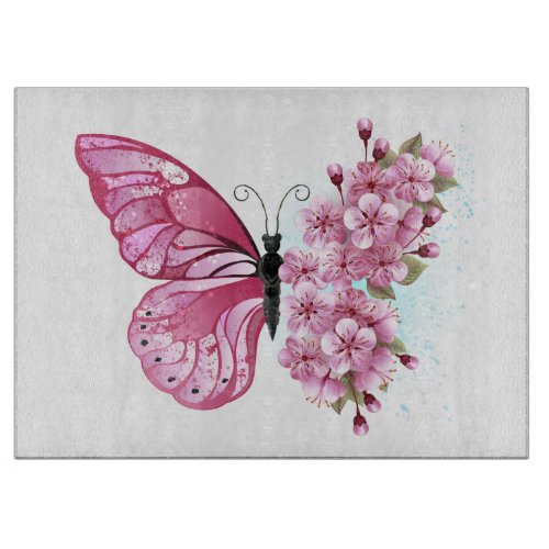 Flower Butterfly with Pink Sakura Cutting Board