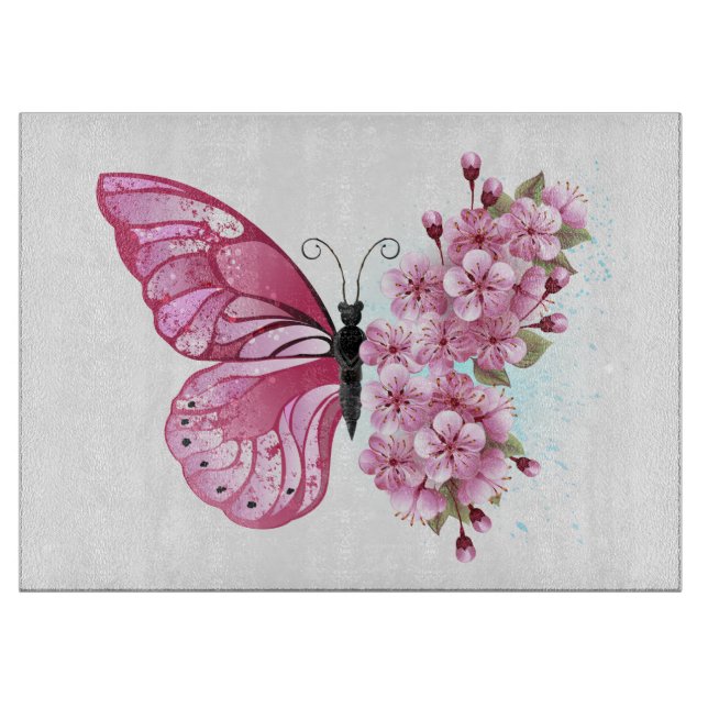 Flower Butterfly with Pink Sakura Cutting Board (Front)