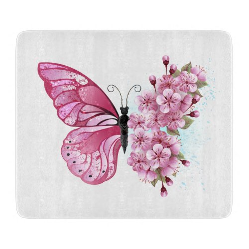 Flower Butterfly with Pink Sakura Cutting Board