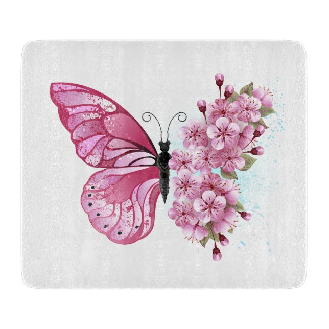 Flower Butterfly with Pink Sakura Cutting Board (Front)