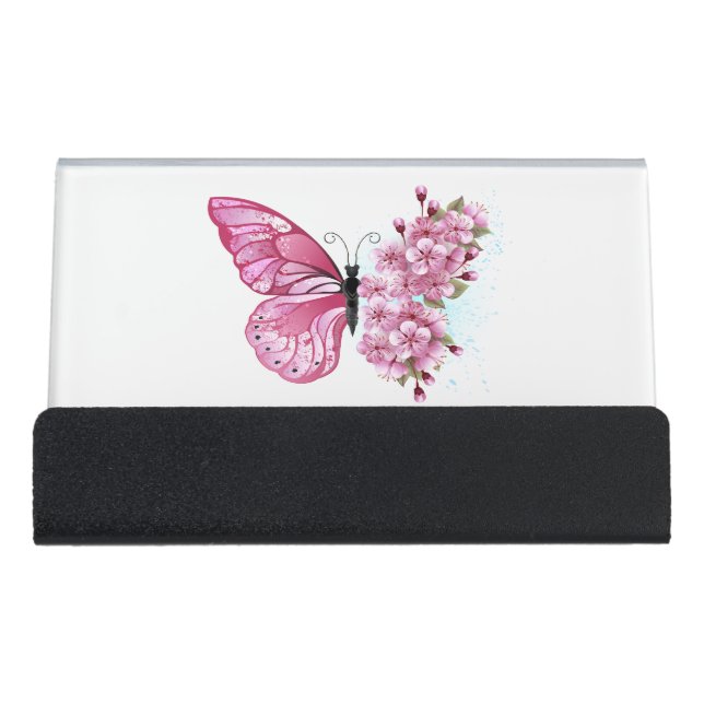 Flower Butterfly with Pink Sakura Desk Business Card Holder (Front)