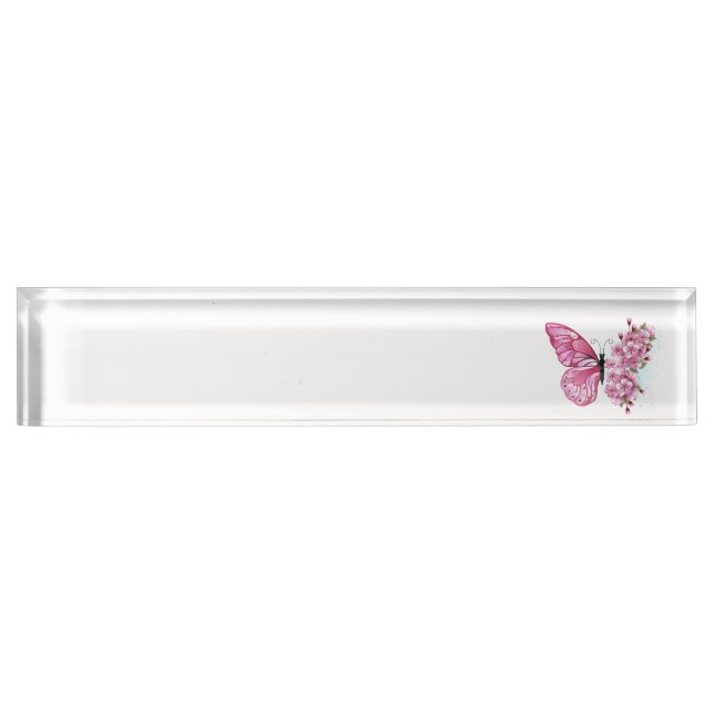 Flower Butterfly with Pink Sakura Desk Name Plate (Front)