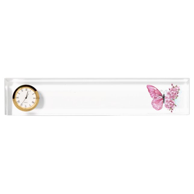 Flower Butterfly with Pink Sakura Desk Name Plate (Front)