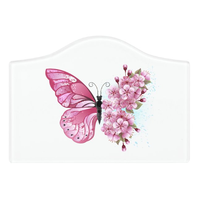 Flower Butterfly with Pink Sakura Door Sign (Small Crest Front)