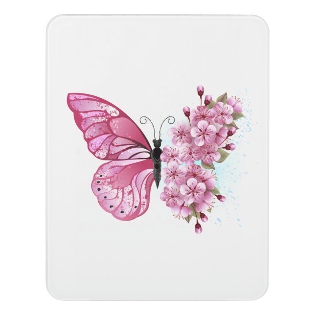 Flower Butterfly with Pink Sakura Door Sign (Contemporary Vert)