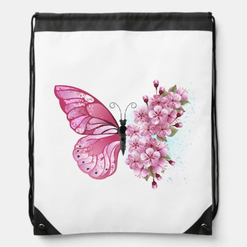 Flower Butterfly with Pink Sakura Drawstring Bag