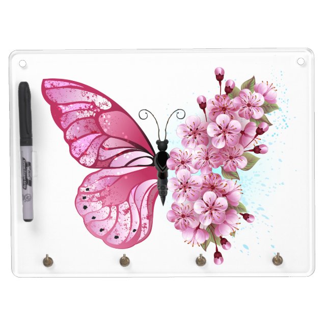 Flower Butterfly with Pink Sakura Dry Erase Board With Keychain Holder (Front)