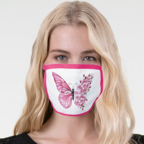 Flower Butterfly with Pink Sakura Face Mask
