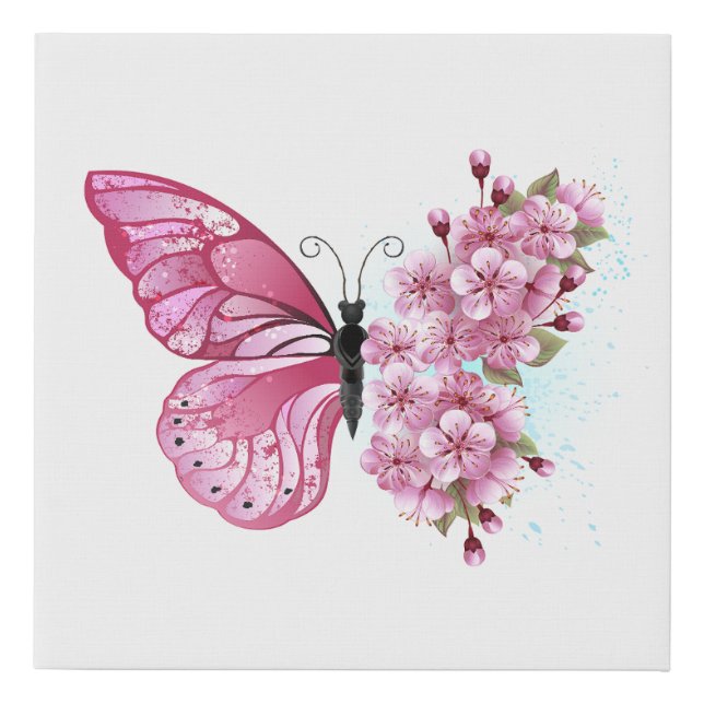 Flower Butterfly with Pink Sakura Faux Canvas Print (Front)