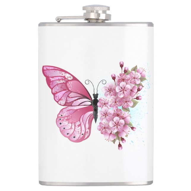 Flower Butterfly with Pink Sakura Flask (Front)