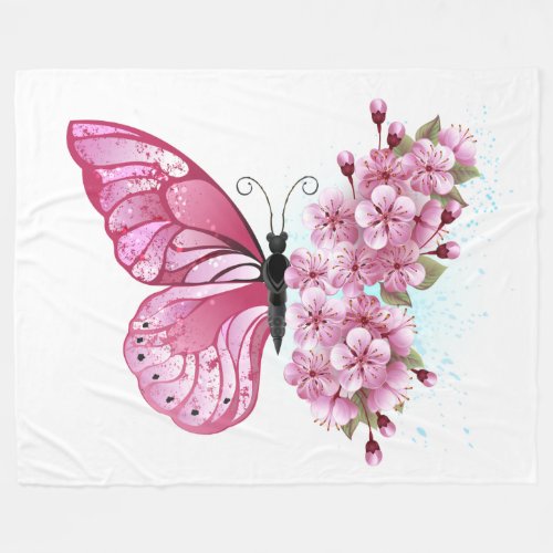 Flower Butterfly with Pink Sakura Fleece Blanket
