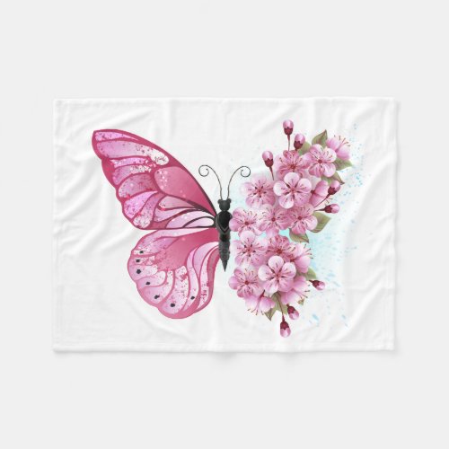 Flower Butterfly with Pink Sakura Fleece Blanket