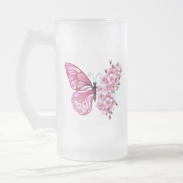 Flower Butterfly with Pink Sakura Frosted Glass Beer Mug (Left)