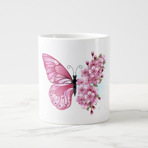 Flower Butterfly with Pink Sakura Giant Coffee Mug