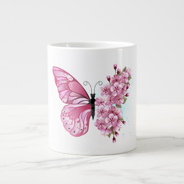 Flower Butterfly with Pink Sakura Giant Coffee Mug (Front)