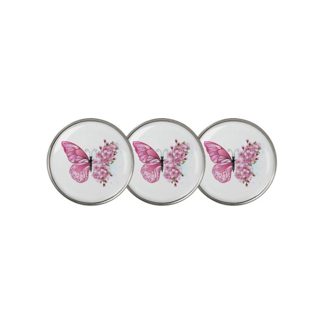 Flower Butterfly with Pink Sakura Golf Ball Marker (3 Up)