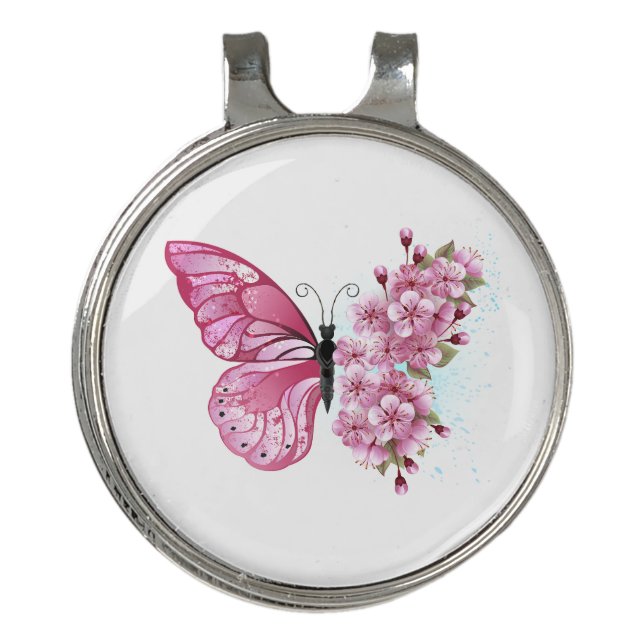 Flower Butterfly with Pink Sakura Golf Hat Clip (Front)