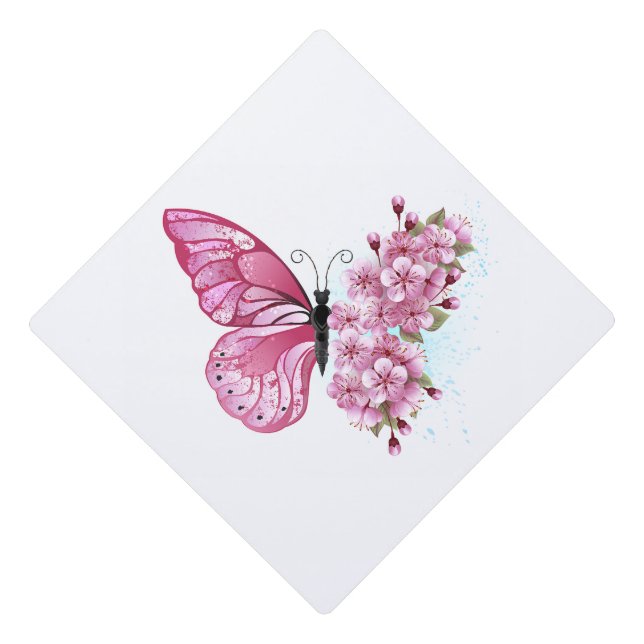 Flower Butterfly with Pink Sakura Graduation Cap Topper (Front)