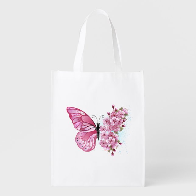Flower Butterfly with Pink Sakura Grocery Bag (Front)