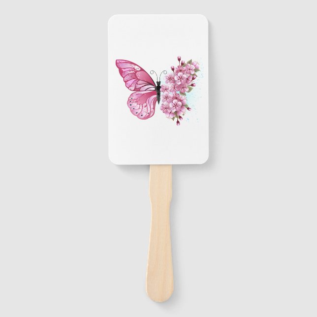 Flower Butterfly with Pink Sakura Hand Fan (Front)