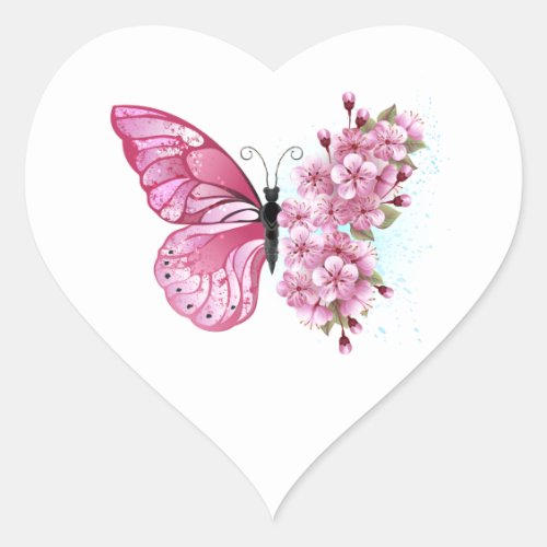 Flower Butterfly with Pink Sakura Heart Sticker