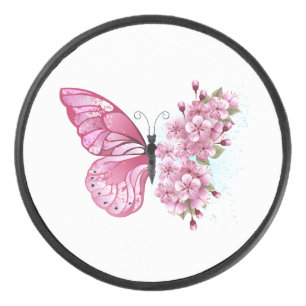 Flower Butterfly with Pink Sakura Hockey Puck