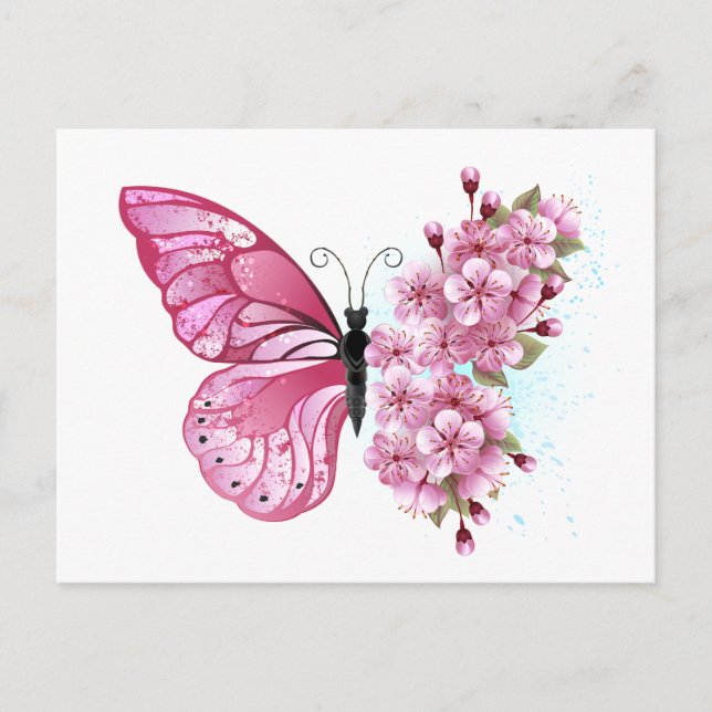 Flower Butterfly with Pink Sakura Holiday Postcard (Front)