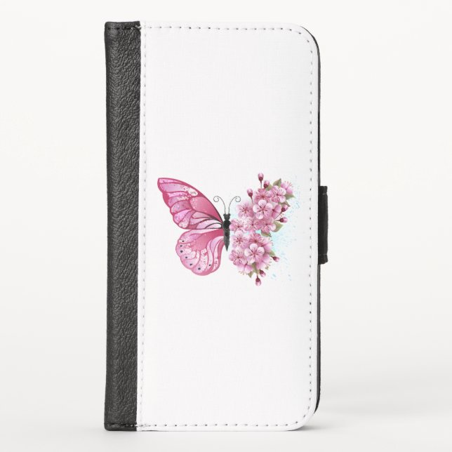 Flower Butterfly with Pink Sakura iPhone Wallet Case (Front)