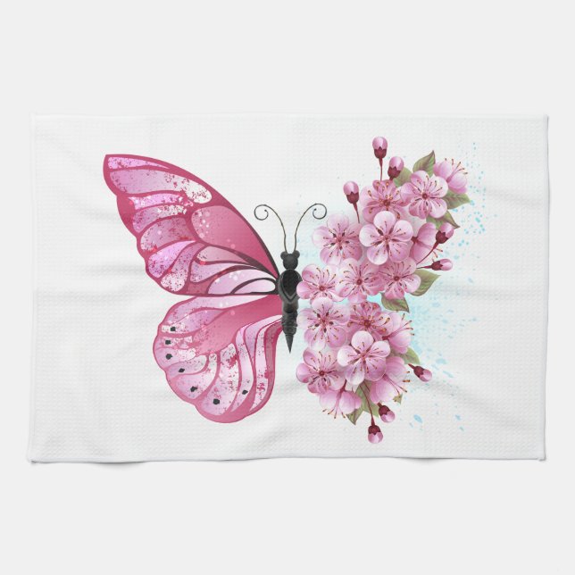 Flower Butterfly with Pink Sakura Kitchen Towel (Horizontal)