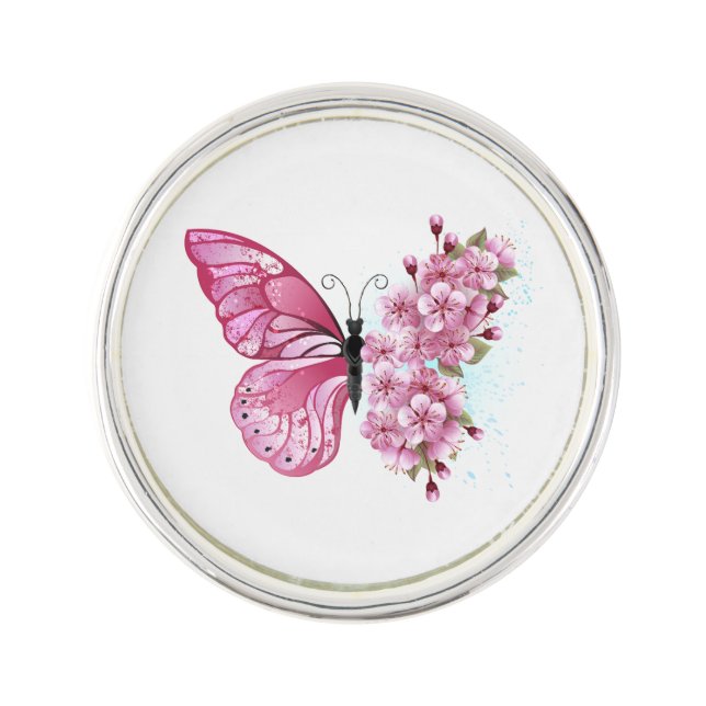 Flower Butterfly with Pink Sakura Lapel Pin (Front)