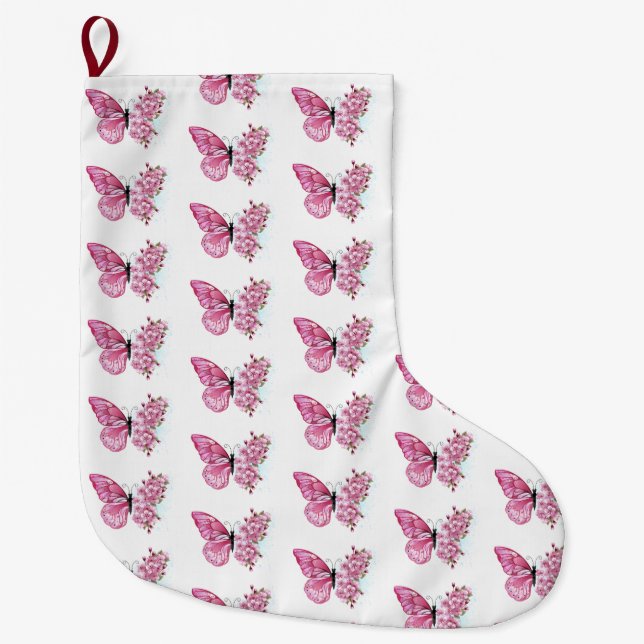 Flower Butterfly with Pink Sakura Large Christmas Stocking (Front)