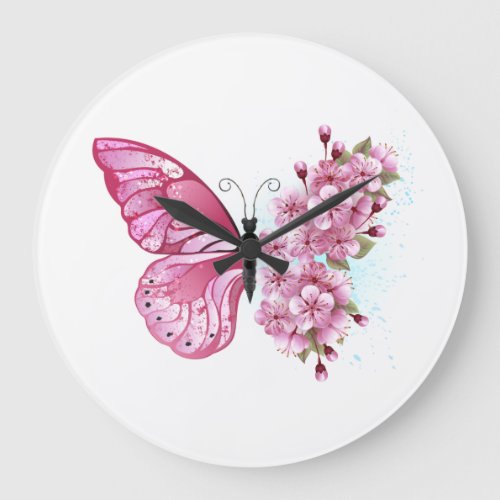 Flower Butterfly with Pink Sakura Large Clock