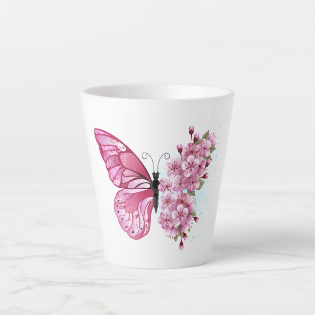 Flower Butterfly with Pink Sakura Latte Mug (Front)