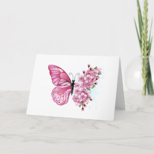Flower Butterfly with Pink Sakura Letterpress Thank You Card