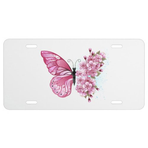 Flower Butterfly with Pink Sakura License Plate