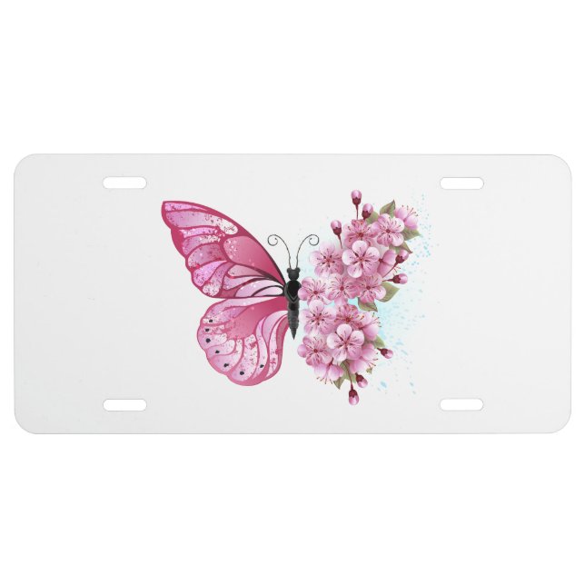 Flower Butterfly with Pink Sakura License Plate (Front)