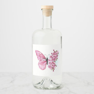 Flower Butterfly with Pink Sakura Liquor Bottle Label