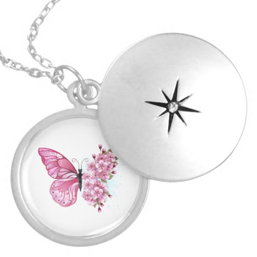 Flower Butterfly with Pink Sakura Locket Necklace