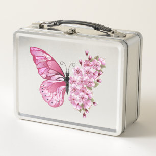 Flower Butterfly with Pink Sakura Metal Lunch Box