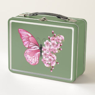 Flower Butterfly with Pink Sakura Metal Lunch Box