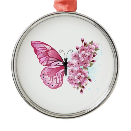 Flower Butterfly with Pink Sakura Metal Ornament
