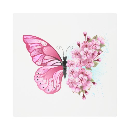 Flower Butterfly with Pink Sakura Metal Print