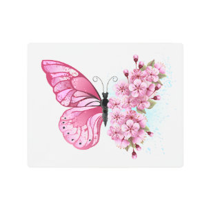 Flower Butterfly with Pink Sakura Metal Print