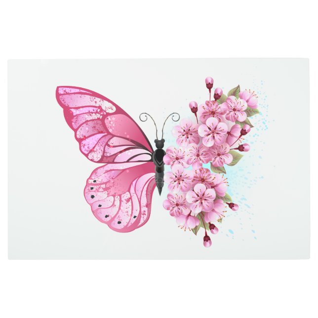 Flower Butterfly with Pink Sakura Metal Print (Front)