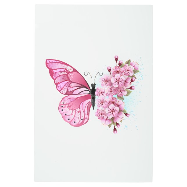 Flower Butterfly with Pink Sakura Metal Print (Front)