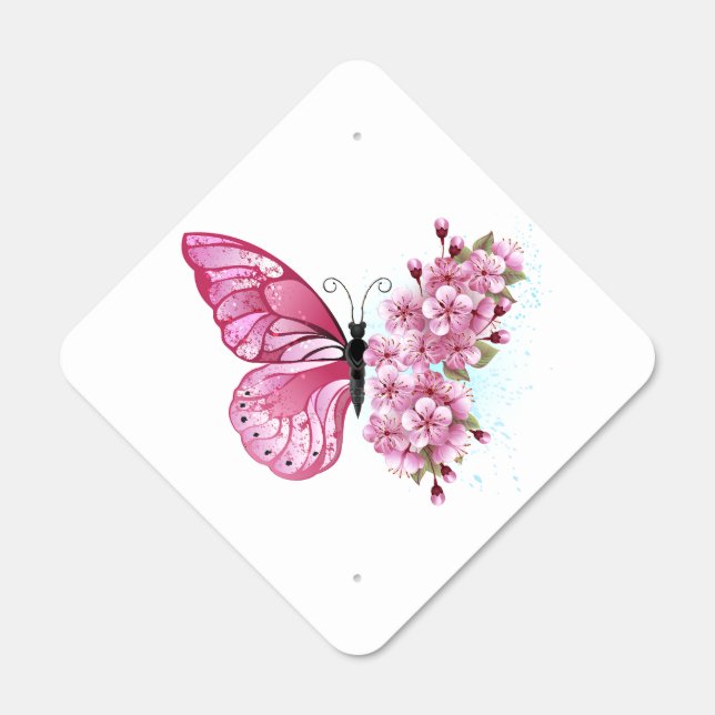 Flower Butterfly with Pink Sakura Metal Sign (Front)
