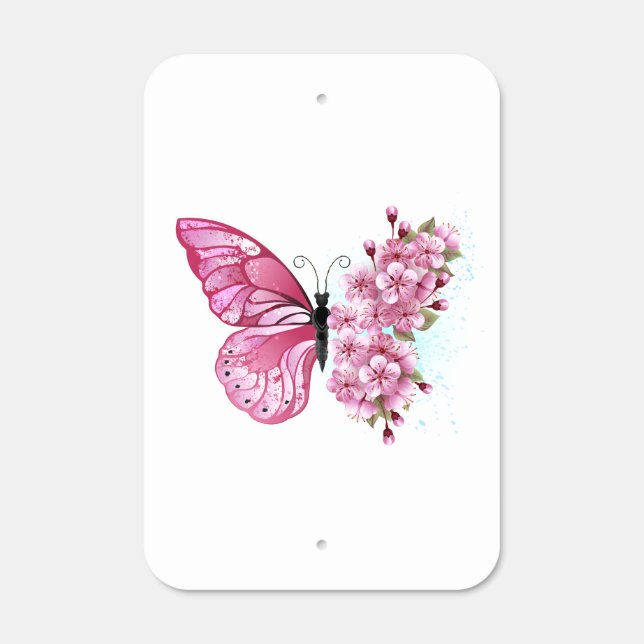 Flower Butterfly with Pink Sakura Metal Sign (Front)