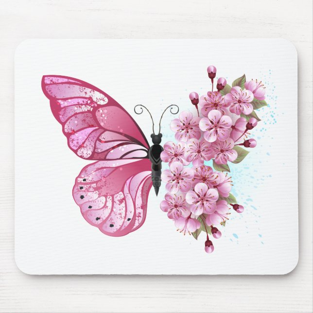 Flower Butterfly with Pink Sakura Mouse Pad (Front)
