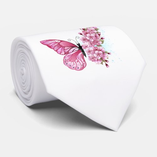 Flower Butterfly with Pink Sakura Neck Tie