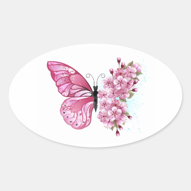 Flower Butterfly with Pink Sakura Oval Sticker (Front)